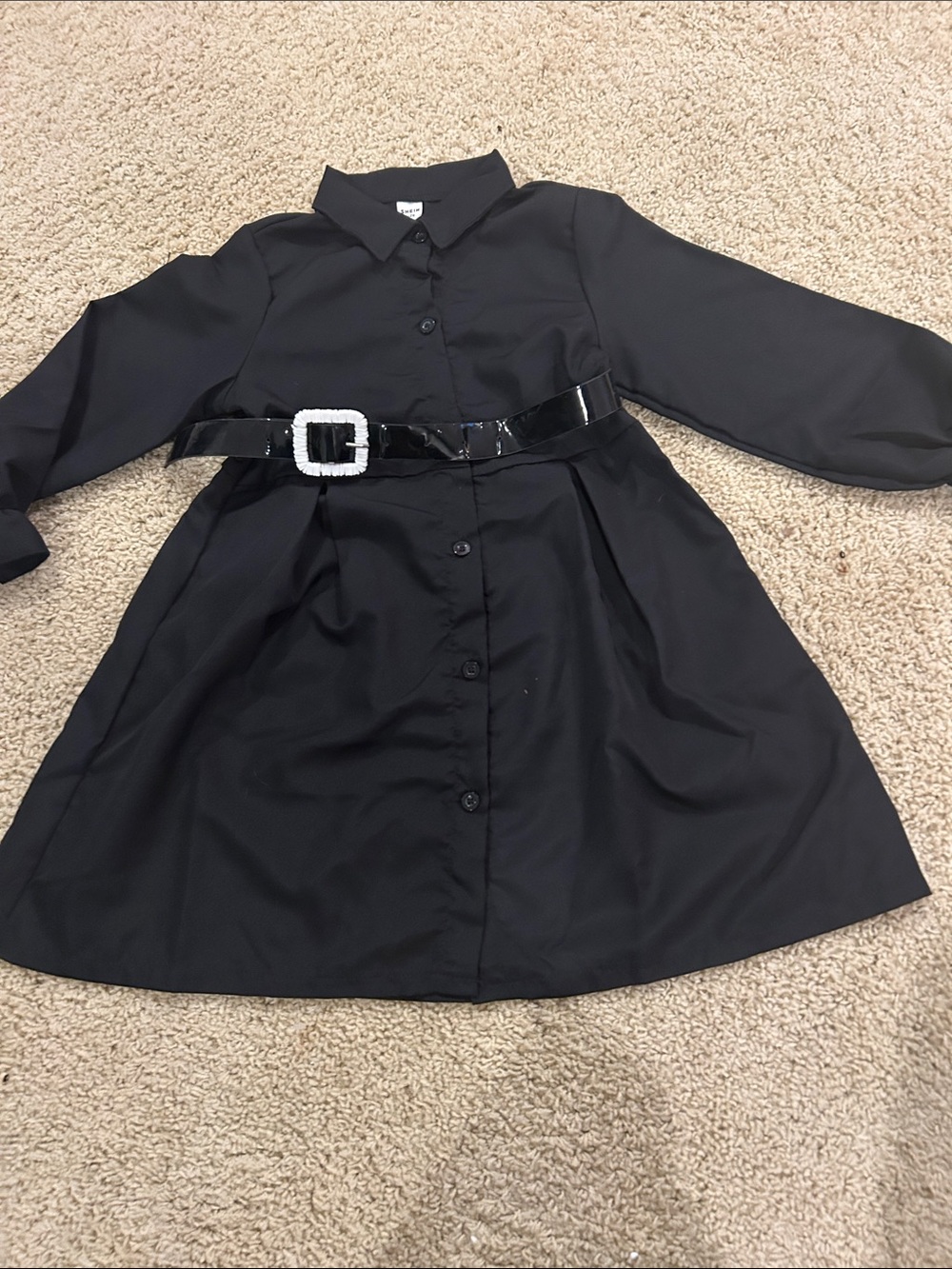 SHEIN Black Long-Sleeve Button-Front Dress with Patent Belt
